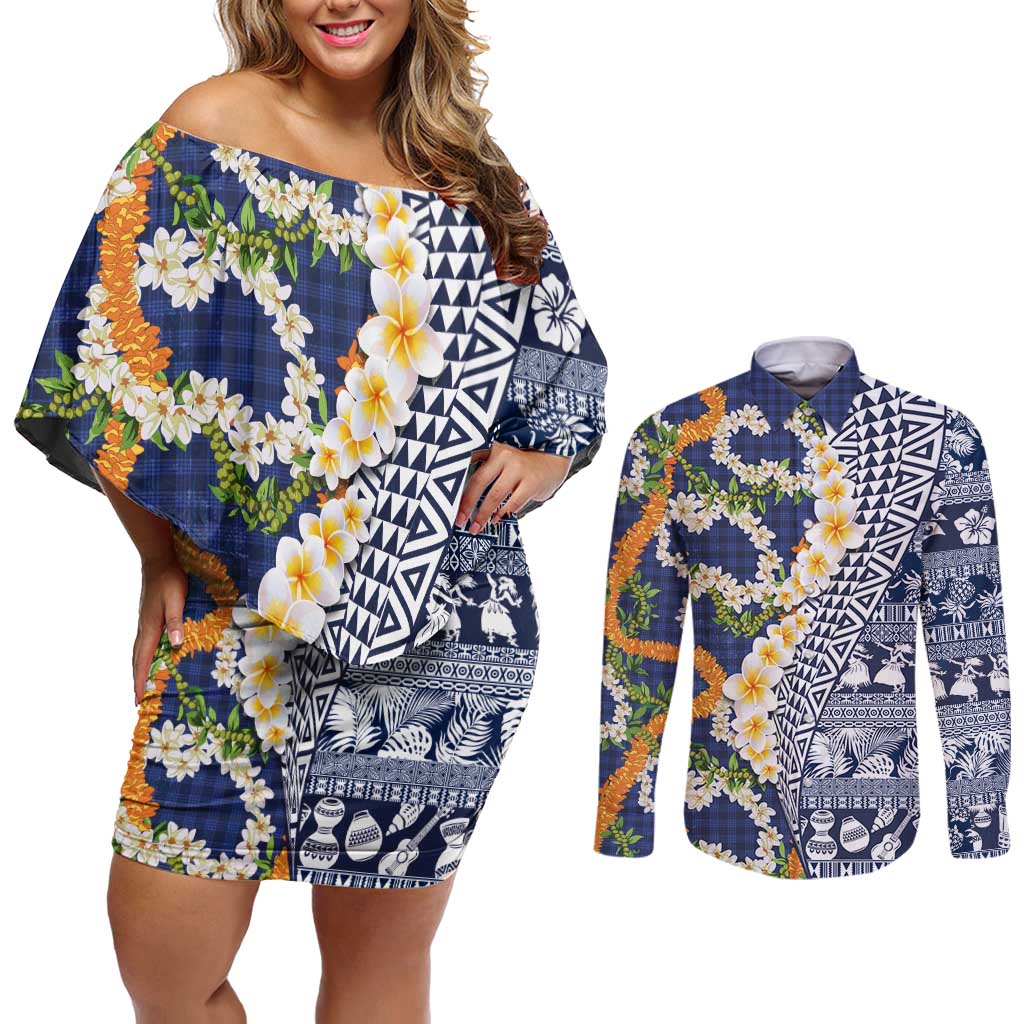 Hawaiian Plumeria Lei Couples Matching Off Shoulder Short Dress and Long Sleeve Button Shirt Kakau Motifs and Palaka Half Style Blue Color LT03 Blue - Polynesian Pride