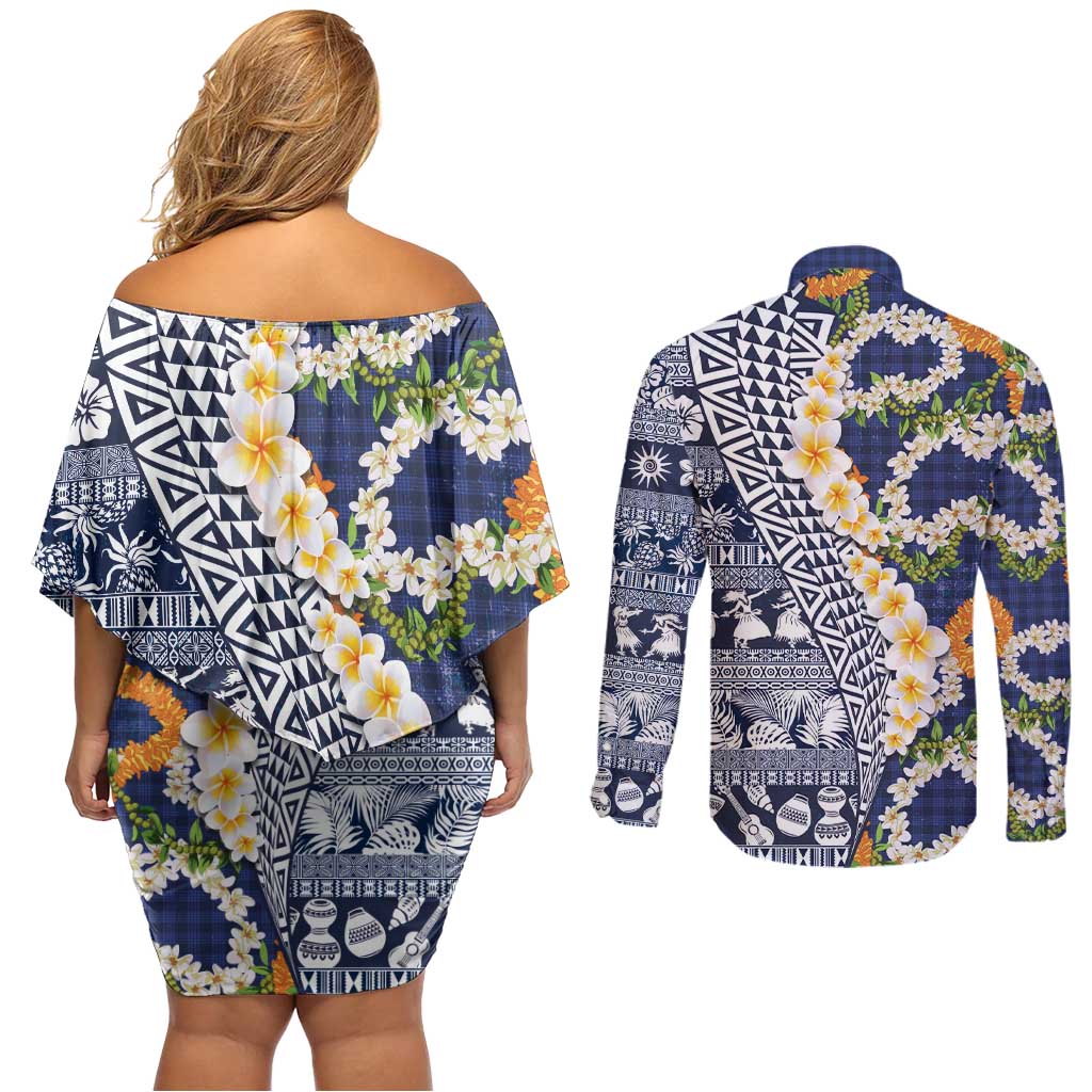 Hawaiian Plumeria Lei Couples Matching Off Shoulder Short Dress and Long Sleeve Button Shirt Kakau Motifs and Palaka Half Style Blue Color LT03 - Polynesian Pride