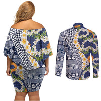 Hawaiian Plumeria Lei Couples Matching Off Shoulder Short Dress and Long Sleeve Button Shirt Kakau Motifs and Palaka Half Style Blue Color LT03 - Polynesian Pride