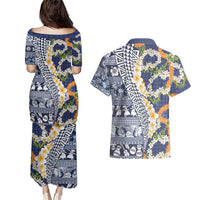 Hawaiian Plumeria Lei Couples Matching Puletasi and Hawaiian Shirt Kakau Motifs and Palaka Half Style Blue Color LT03 - Polynesian Pride