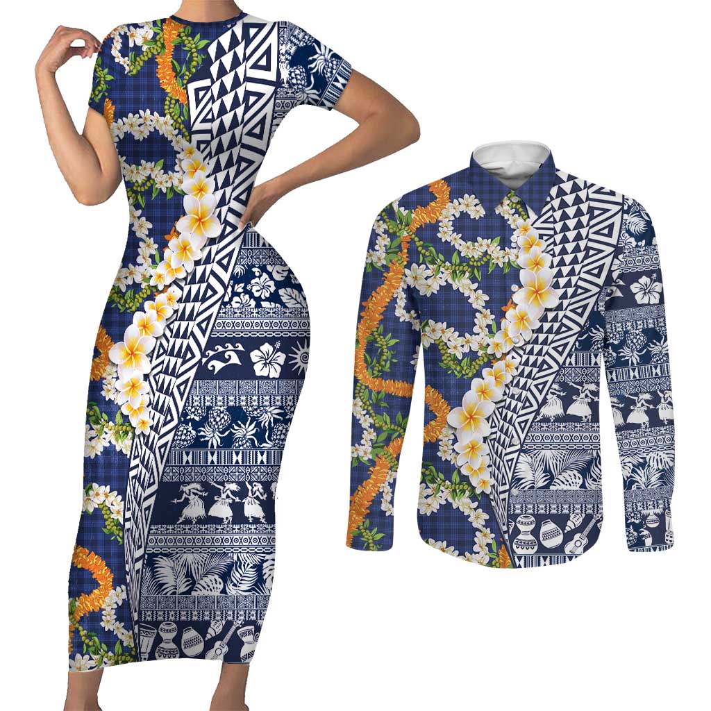 Hawaiian Plumeria Lei Couples Matching Short Sleeve Bodycon Dress and Long Sleeve Button Shirt Kakau Motifs and Palaka Half Style Blue Color - Polynesian Pride