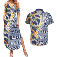 Hawaiian Plumeria Lei Couples Matching Summer Maxi Dress and Hawaiian Shirt Kakau Motifs and Palaka Half Style Blue Color LT03 Blue - Polynesian Pride
