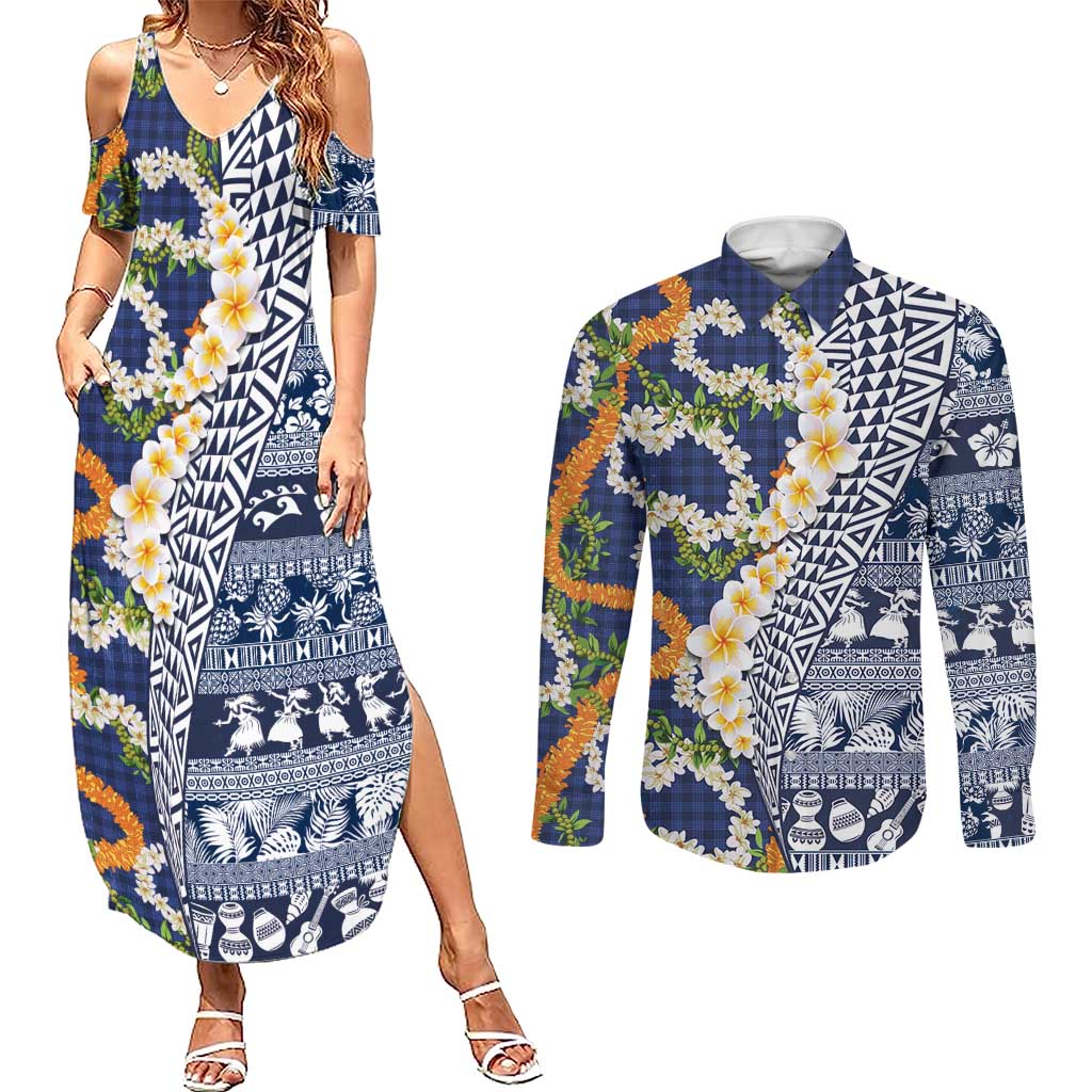 Hawaiian Plumeria Lei Couples Matching Summer Maxi Dress and Long Sleeve Button Shirt Kakau Motifs and Palaka Half Style Blue Color - Polynesian Pride