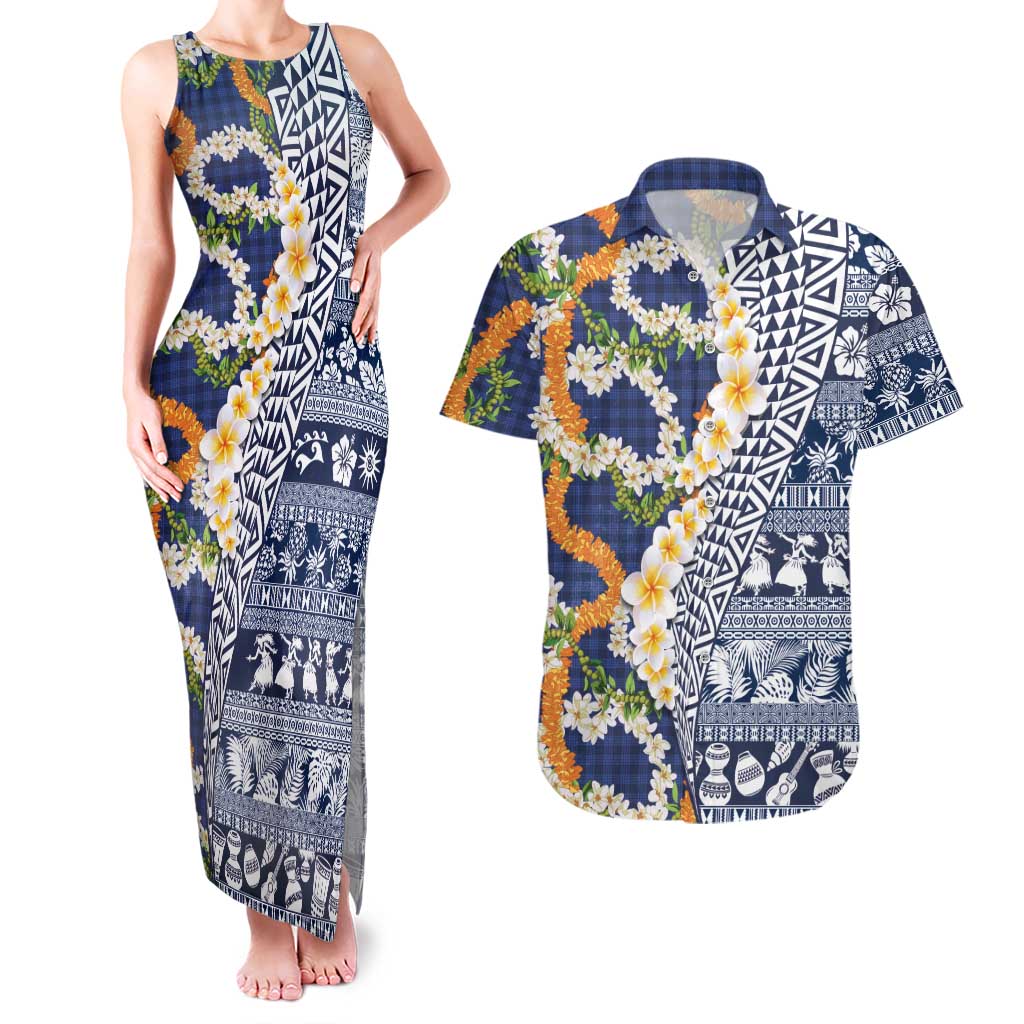 Hawaiian Plumeria Lei Couples Matching Tank Maxi Dress and Hawaiian Shirt Kakau Motifs and Palaka Half Style Blue Color - Polynesian Pride