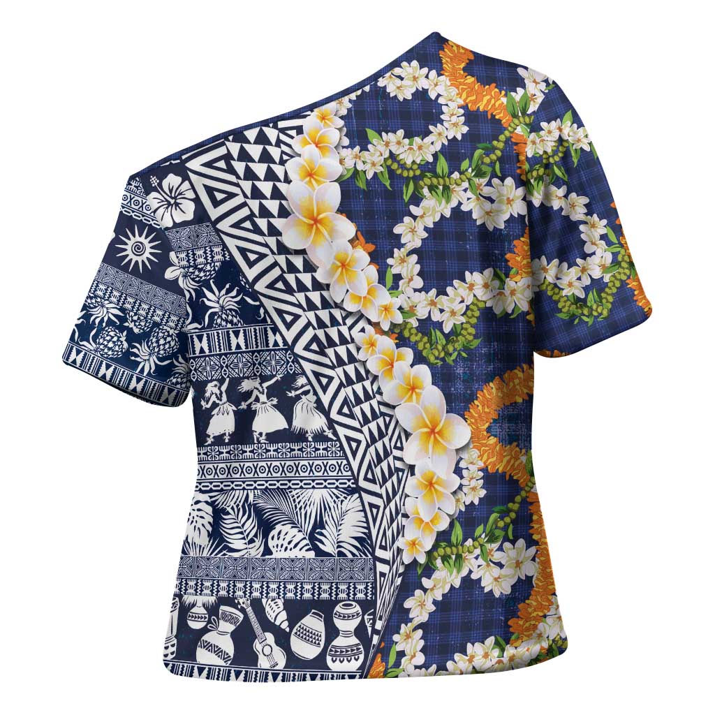 Hawaiian Plumeria Lei Cross Shoulder Shirt Kakau Motifs and Palaka Half Style Blue Color LT03 - Polynesian Pride