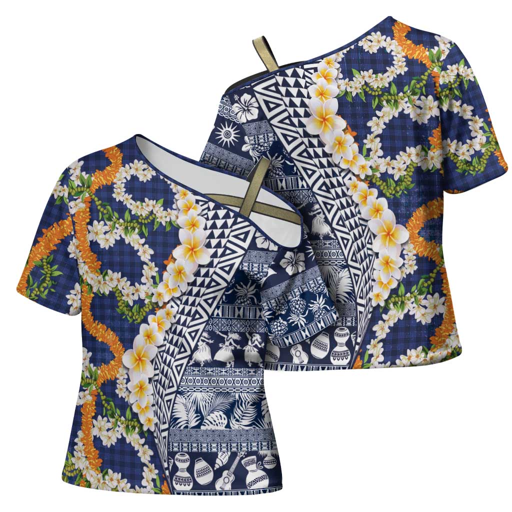 Hawaiian Plumeria Lei Cross Shoulder Shirt Kakau Motifs and Palaka Half Style Blue Color LT03 - Polynesian Pride