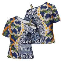 Hawaiian Plumeria Lei Cross Shoulder Shirt Kakau Motifs and Palaka Half Style Blue Color LT03 - Polynesian Pride