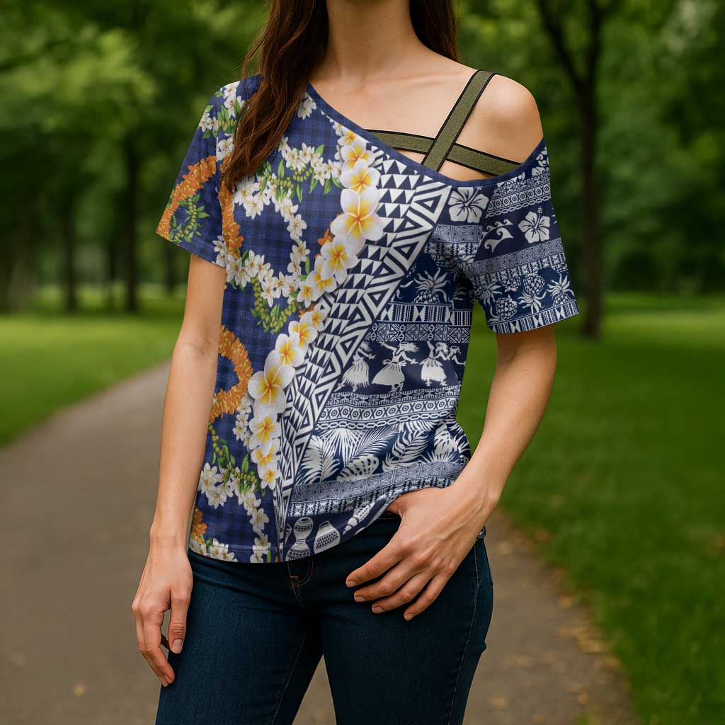 Hawaiian Plumeria Lei Cross Shoulder Shirt Kakau Motifs and Palaka Half Style Blue Color LT03 - Polynesian Pride