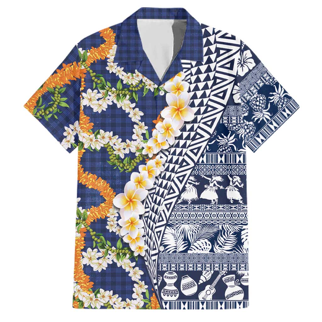 Hawaiian Plumeria Lei Family Matching Long Sleeve Bodycon Dress and Hawaiian Shirt Kakau Motifs and Palaka Half Style Blue Color LT03 Dad's Shirt - Short Sleeve Blue - Polynesian Pride