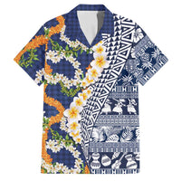 Hawaiian Plumeria Lei Family Matching Mermaid Dress and Hawaiian Shirt Kakau Motifs and Palaka Half Style Blue Color LT03 Dad's Shirt - Short Sleeve Blue - Polynesian Pride