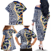 Hawaiian Plumeria Lei Family Matching Off The Shoulder Long Sleeve Dress and Hawaiian Shirt Kakau Motifs and Palaka Half Style Blue Color LT03 - Polynesian Pride