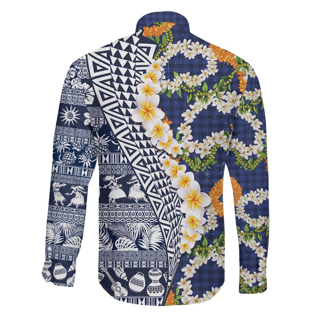 Hawaiian Plumeria Lei Family Matching Off The Shoulder Long Sleeve Dress and Hawaiian Shirt Kakau Motifs and Palaka Half Style Blue Color LT03 - Polynesian Pride