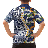 Hawaiian Plumeria Lei Family Matching Off Shoulder Maxi Dress and Hawaiian Shirt Kakau Motifs and Palaka Half Style Blue Color LT03 - Polynesian Pride