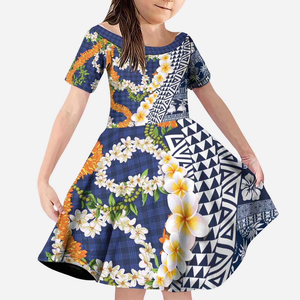Hawaiian Plumeria Lei Family Matching Off Shoulder Maxi Dress and Hawaiian Shirt Kakau Motifs and Palaka Half Style Blue Color LT03 Daughter's Dress Blue - Polynesian Pride