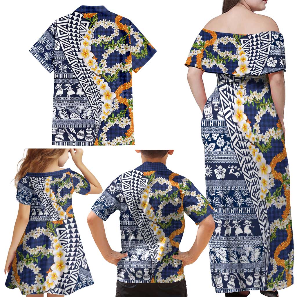 Hawaiian Plumeria Lei Family Matching Off Shoulder Maxi Dress and Hawaiian Shirt Kakau Motifs and Palaka Half Style Blue Color LT03 - Polynesian Pride