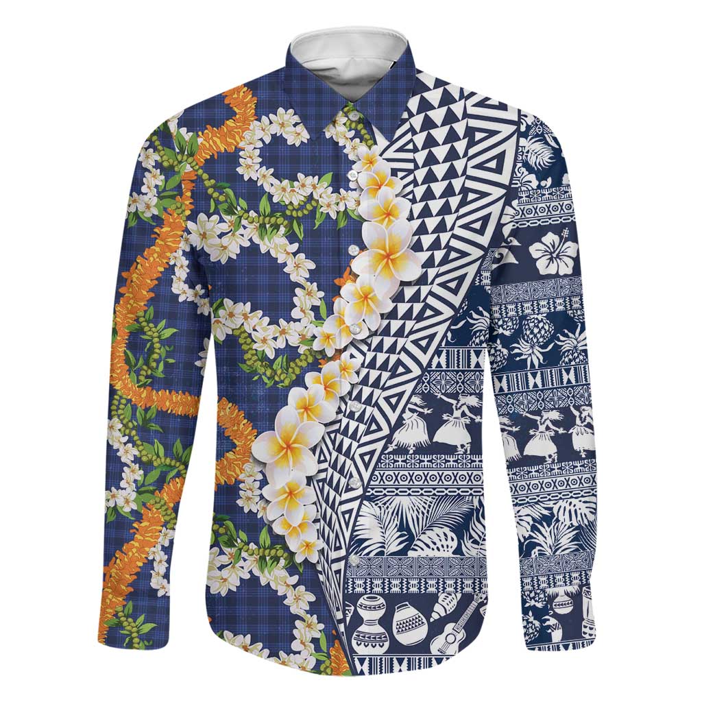 Hawaiian Plumeria Lei Family Matching Off Shoulder Maxi Dress and Hawaiian Shirt Kakau Motifs and Palaka Half Style Blue Color LT03 Dad's Shirt - Long Sleeve Blue - Polynesian Pride