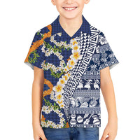 Hawaiian Plumeria Lei Family Matching Off Shoulder Maxi Dress and Hawaiian Shirt Kakau Motifs and Palaka Half Style Blue Color LT03 Son's Shirt Blue - Polynesian Pride