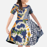 Hawaiian Plumeria Lei Family Matching Off Shoulder Short Dress and Hawaiian Shirt Kakau Motifs and Palaka Half Style Blue Color LT03 Daughter's Dress Blue - Polynesian Pride