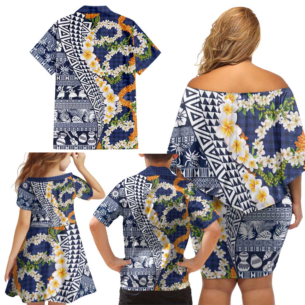 Hawaiian Plumeria Lei Family Matching Off Shoulder Short Dress and Hawaiian Shirt Kakau Motifs and Palaka Half Style Blue Color LT03 - Polynesian Pride