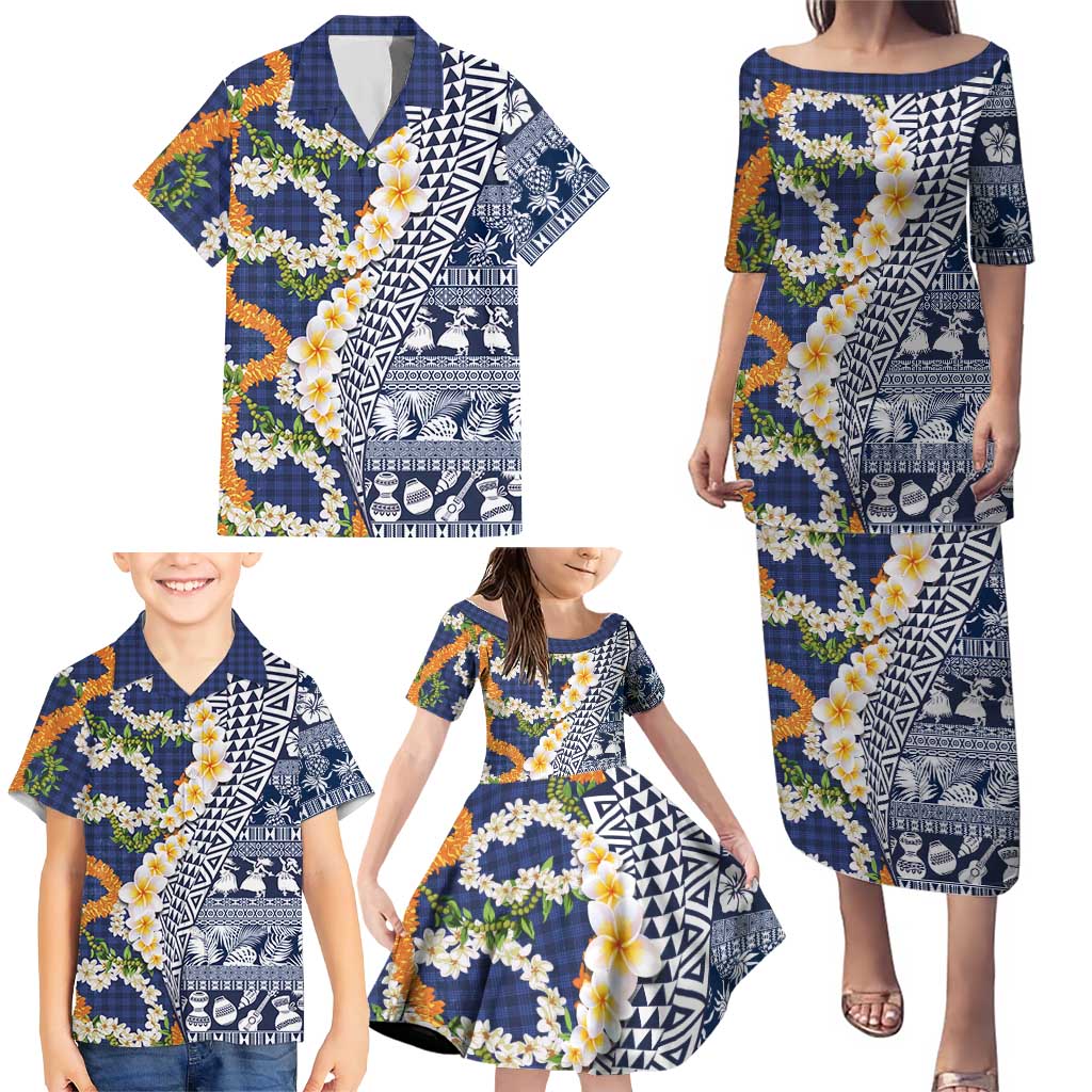 Hawaiian Plumeria Lei Family Matching Puletasi and Hawaiian Shirt Kakau Motifs and Palaka Half Style Blue Color LT03 - Polynesian Pride
