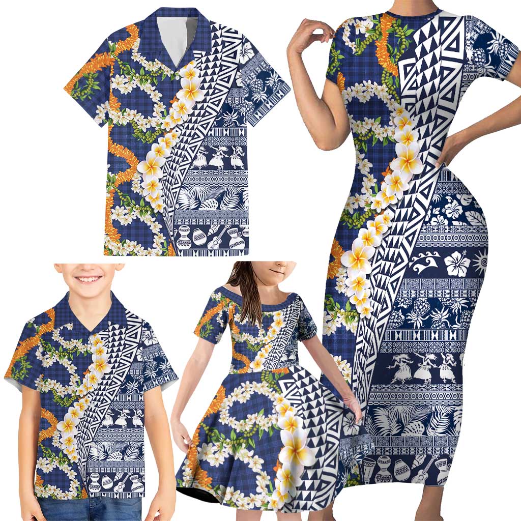 Hawaiian Plumeria Lei Family Matching Short Sleeve Bodycon Dress and Hawaiian Shirt Kakau Motifs and Palaka Half Style Blue Color LT03 - Polynesian Pride