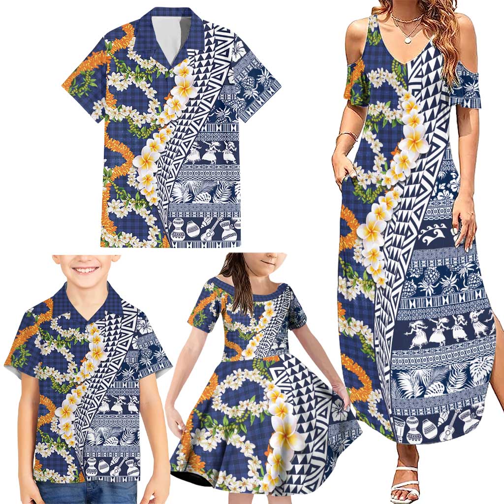 Hawaiian Plumeria Lei Family Matching Summer Maxi Dress and Hawaiian Shirt Kakau Motifs and Palaka Half Style Blue Color - Polynesian Pride