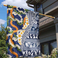 Hawaiian Plumeria Lei Garden Flag Kakau Motifs and Palaka Half Style Blue Color LT03 - Polynesian Pride