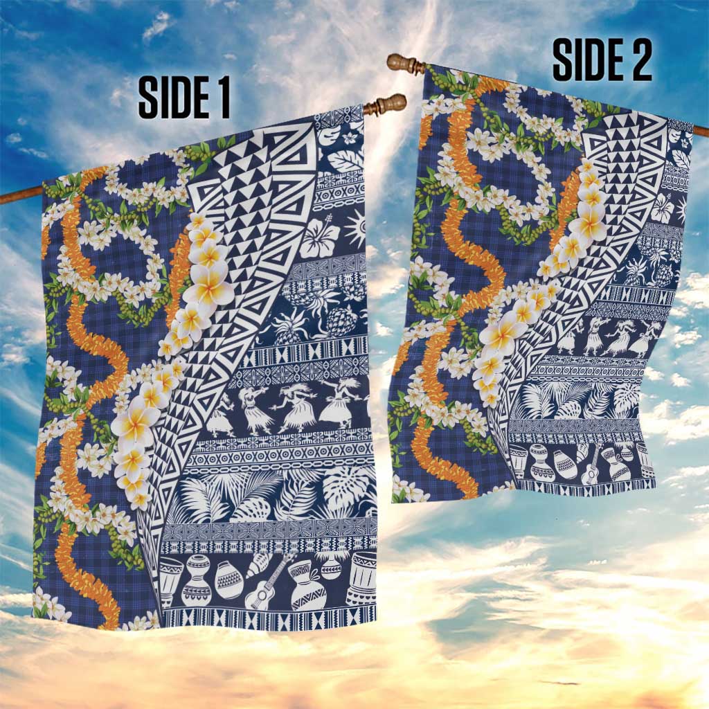 Hawaiian Plumeria Lei Garden Flag Kakau Motifs and Palaka Half Style Blue Color LT03 - Polynesian Pride