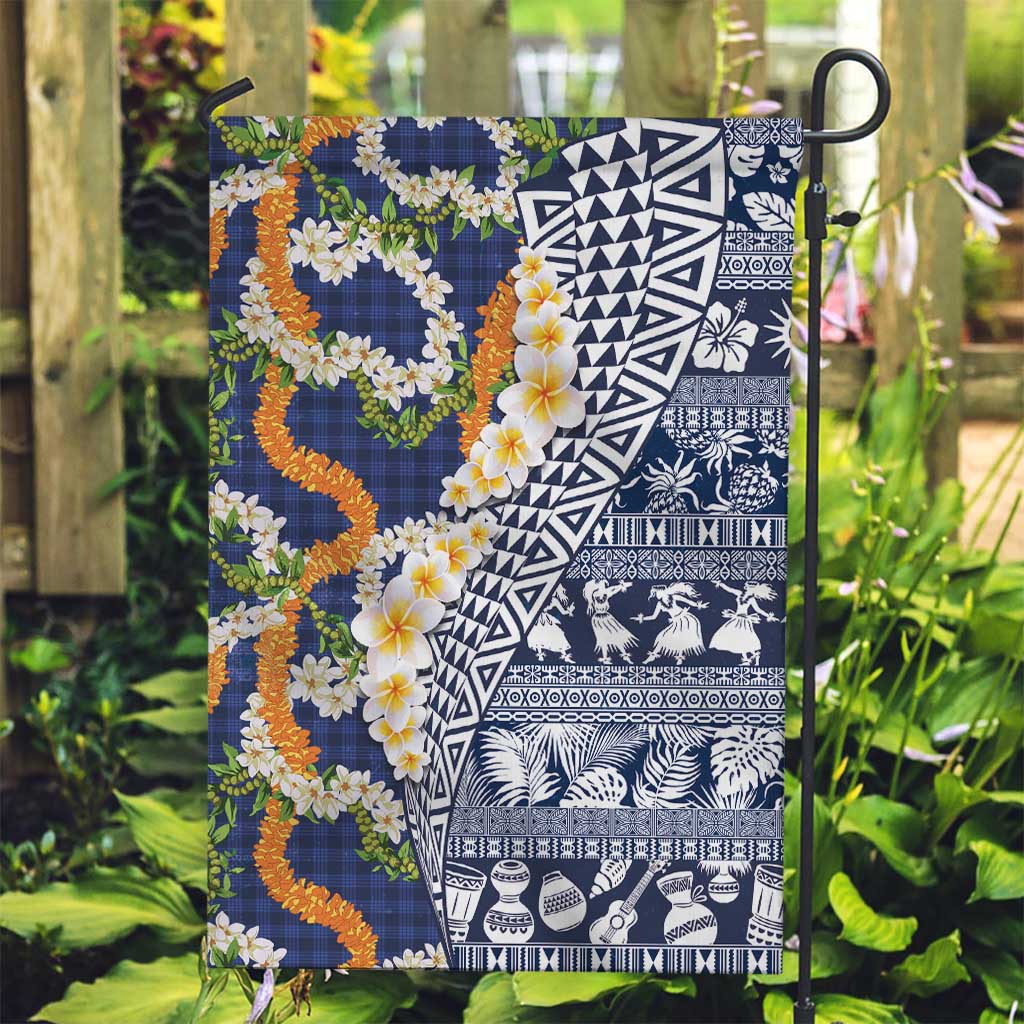 Hawaiian Plumeria Lei Garden Flag Kakau Motifs and Palaka Half Style Blue Color LT03 Garden Flag Blue - Polynesian Pride