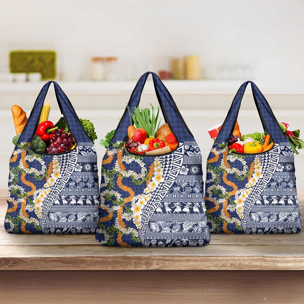 Hawaiian Plumeria Lei Grocery Bag Kakau Motifs and Palaka Half Style Blue Color LT03 3-pack One Size Blue - Polynesian Pride