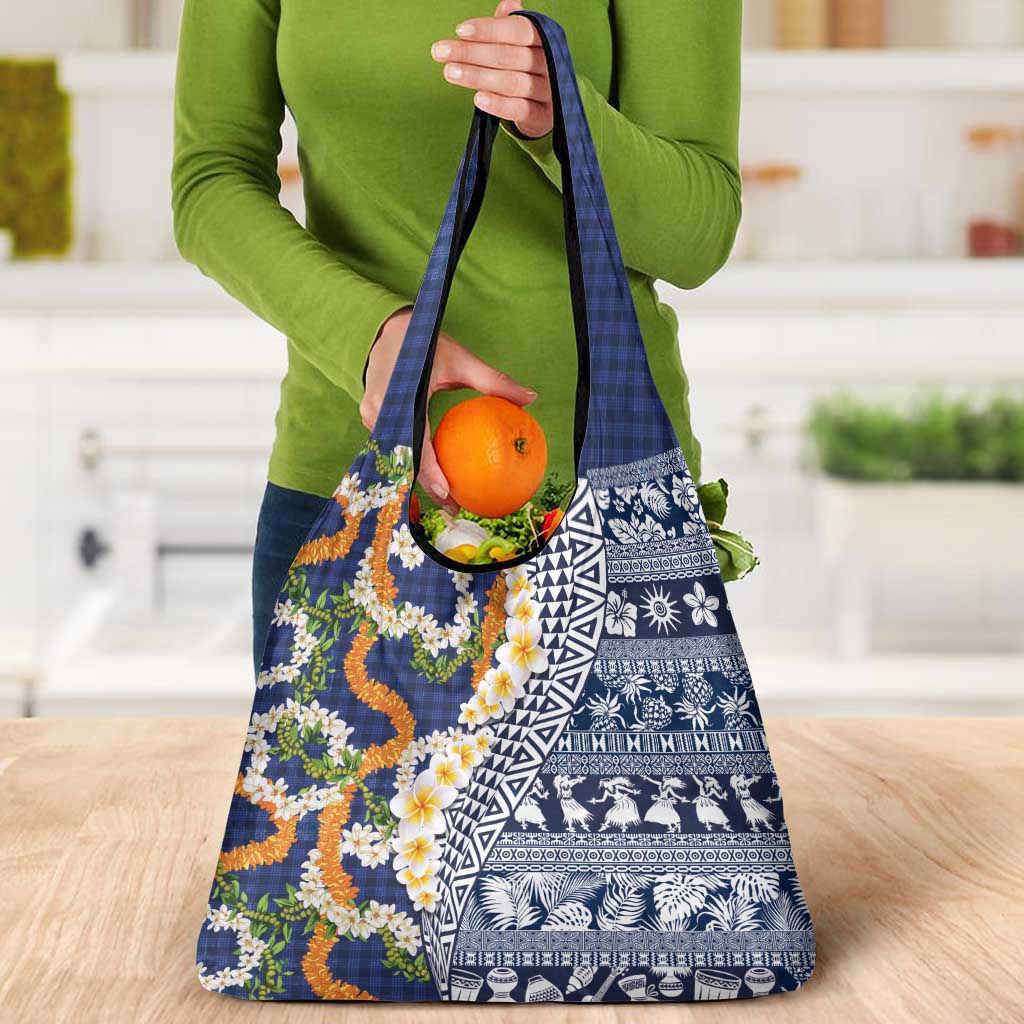 Hawaiian Plumeria Lei Grocery Bag Kakau Motifs and Palaka Half Style Blue Color LT03 - Polynesian Pride