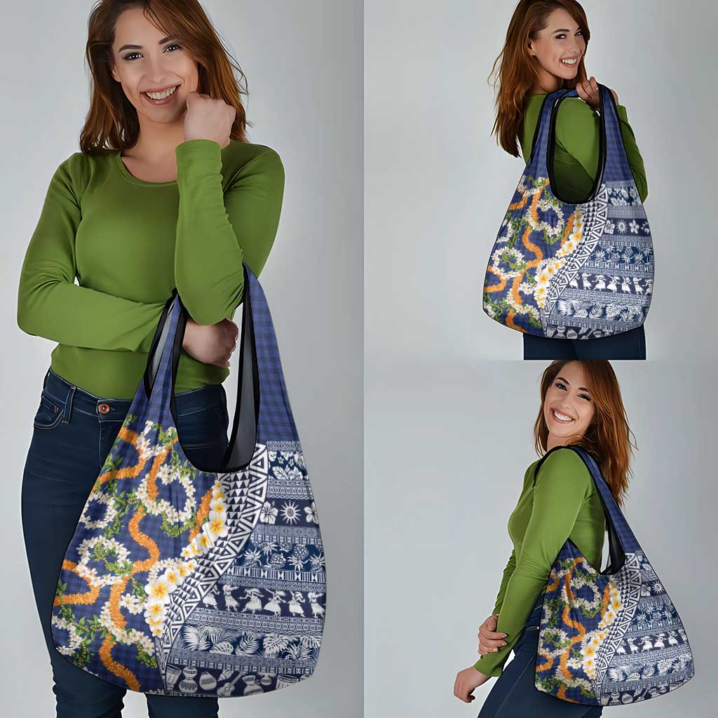 Hawaiian Plumeria Lei Grocery Bag Kakau Motifs and Palaka Half Style Blue Color LT03 - Polynesian Pride