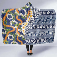 Hawaiian Plumeria Lei Hooded Blanket Kakau Motifs and Palaka Half Style Blue Color LT03 One Size Blue - Polynesian Pride