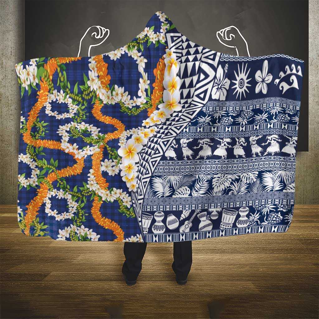 Hawaiian Plumeria Lei Hooded Blanket Kakau Motifs and Palaka Half Style Blue Color LT03 - Polynesian Pride