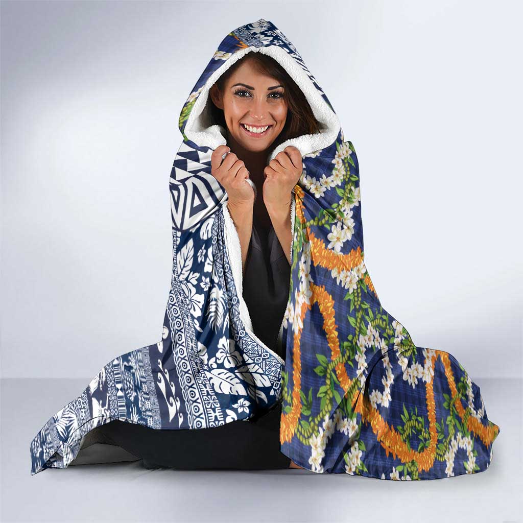 Hawaiian Plumeria Lei Hooded Blanket Kakau Motifs and Palaka Half Style Blue Color LT03 - Polynesian Pride