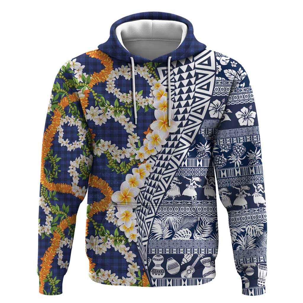 Hawaiian Plumeria Lei Hoodie Kakau Motifs and Palaka Half Style Blue Color LT03 Pullover Hoodie Blue - Polynesian Pride