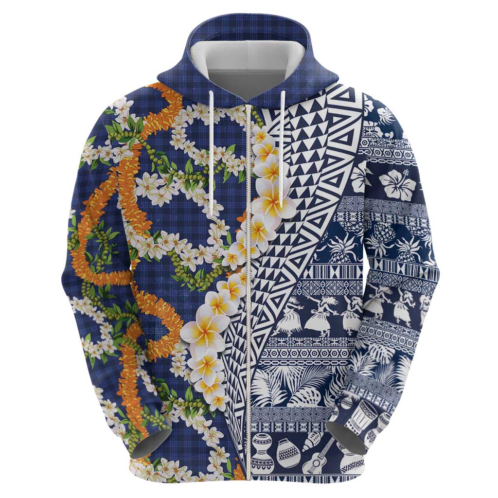 Hawaiian Plumeria Lei Hoodie Kakau Motifs and Palaka Half Style Blue Color LT03 - Polynesian Pride