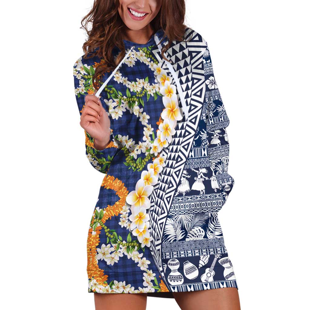 Hawaiian Plumeria Lei Hoodie Dress Kakau Motifs and Palaka Half Style Blue Color LT03 Blue - Polynesian Pride