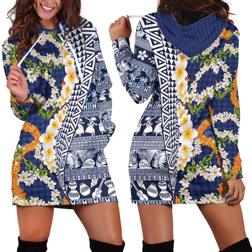 Hawaiian Plumeria Lei Hoodie Dress Kakau Motifs and Palaka Half Style Blue Color LT03 - Polynesian Pride