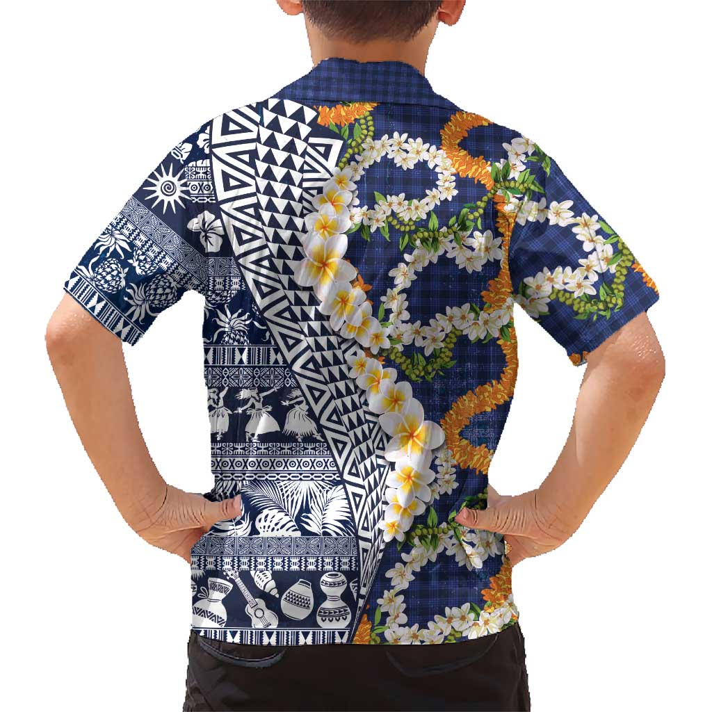 Hawaiian Plumeria Lei Kid Hawaiian Shirt Kakau Motifs and Palaka Half Style Blue Color LT03 - Polynesian Pride