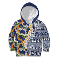 Hawaiian Plumeria Lei Kid Hoodie Kakau Motifs and Palaka Half Style Blue Color LT03 Hoodie Blue - Polynesian Pride