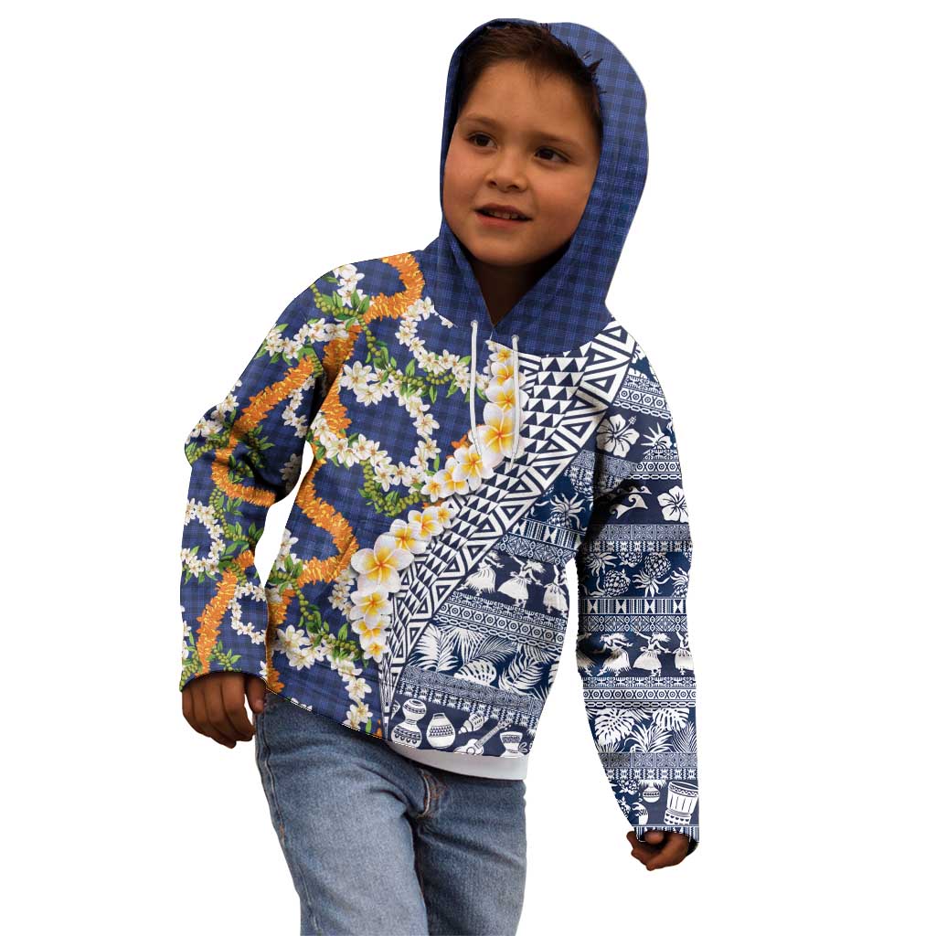 Hawaiian Plumeria Lei Kid Hoodie Kakau Motifs and Palaka Half Style Blue Color LT03 - Polynesian Pride
