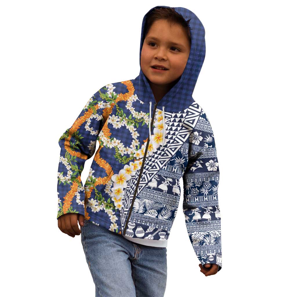 Hawaiian Plumeria Lei Kid Hoodie Kakau Motifs and Palaka Half Style Blue Color LT03 - Polynesian Pride