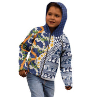Hawaiian Plumeria Lei Kid Hoodie Kakau Motifs and Palaka Half Style Blue Color LT03 - Polynesian Pride