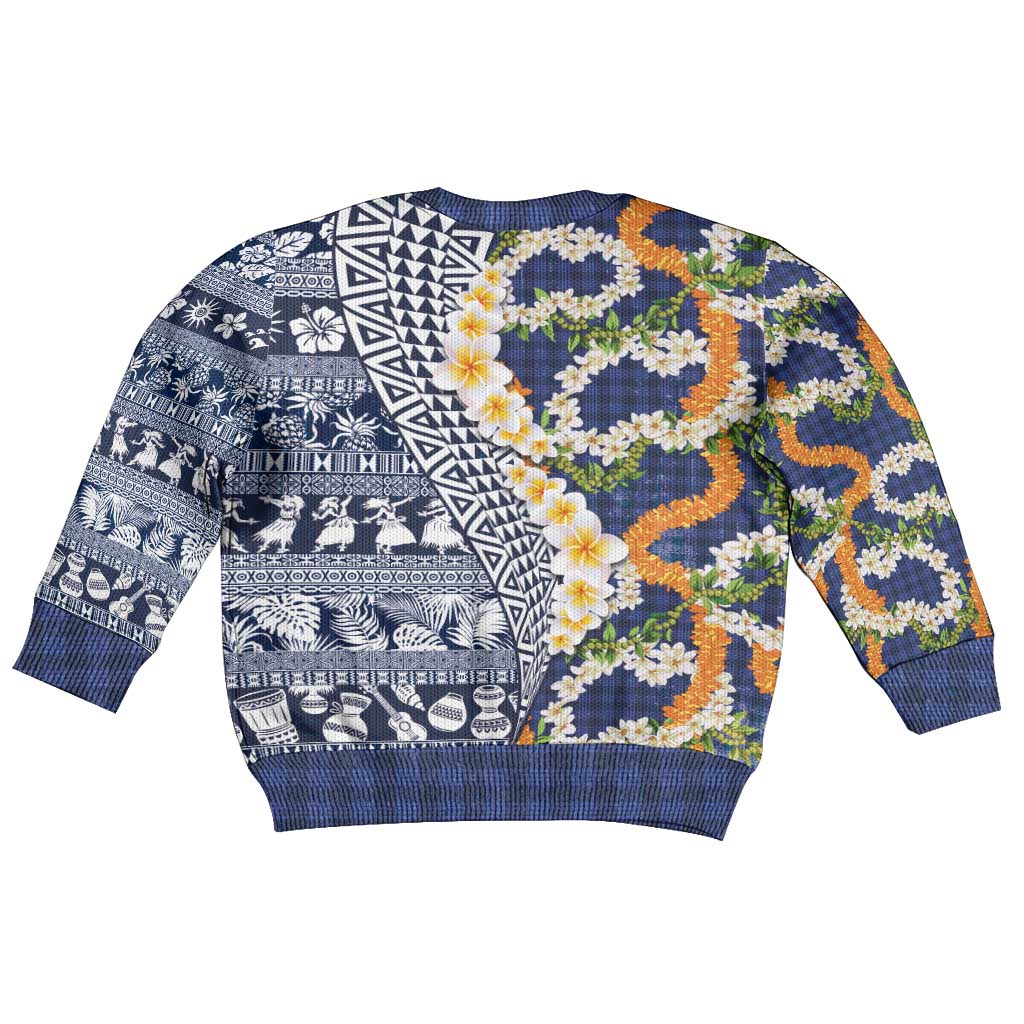 Hawaiian Plumeria Lei Kid Ugly Christmas Sweater Kakau Motifs and Palaka Half Style Blue Color LT03 - Polynesian Pride