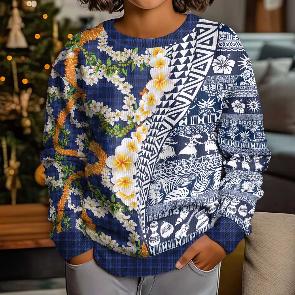 Hawaiian Plumeria Lei Kid Ugly Christmas Sweater Kakau Motifs and Palaka Half Style Blue Color LT03 - Polynesian Pride
