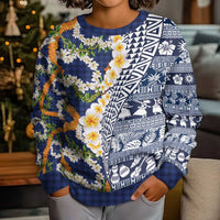 Hawaiian Plumeria Lei Kid Ugly Christmas Sweater Kakau Motifs and Palaka Half Style Blue Color LT03 - Polynesian Pride