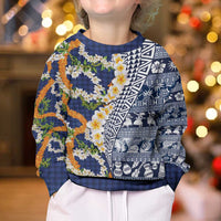 Hawaiian Plumeria Lei Kid Ugly Christmas Sweater Kakau Motifs and Palaka Half Style Blue Color LT03 - Polynesian Pride