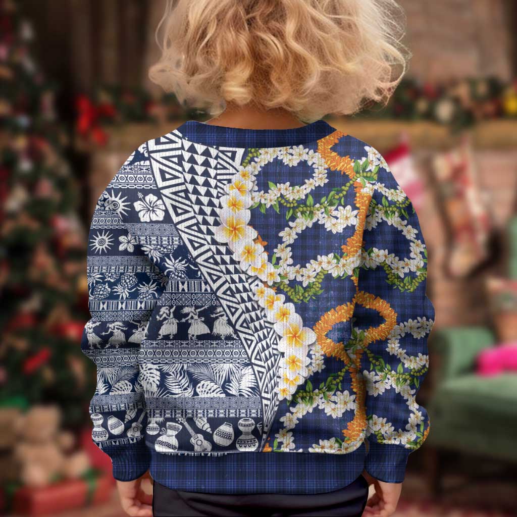 Hawaiian Plumeria Lei Kid Ugly Christmas Sweater Kakau Motifs and Palaka Half Style Blue Color LT03 - Polynesian Pride