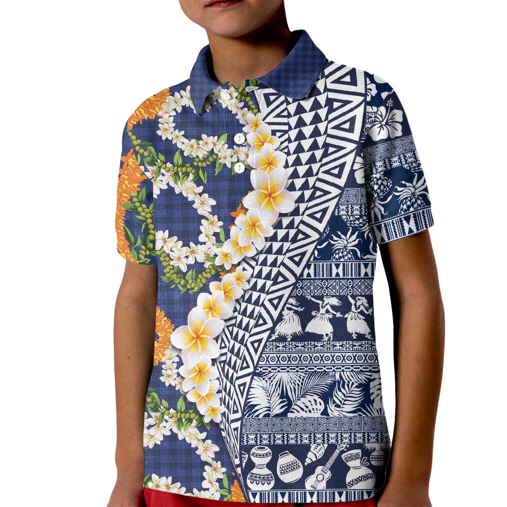 Hawaiian Plumeria Lei Kid Polo Shirt Kakau Motifs and Palaka Half Style Blue Color - Polynesian Pride